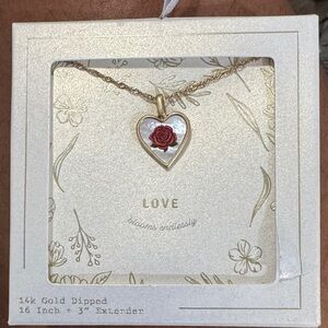 Love Gold Heart Necklace with Red Rose